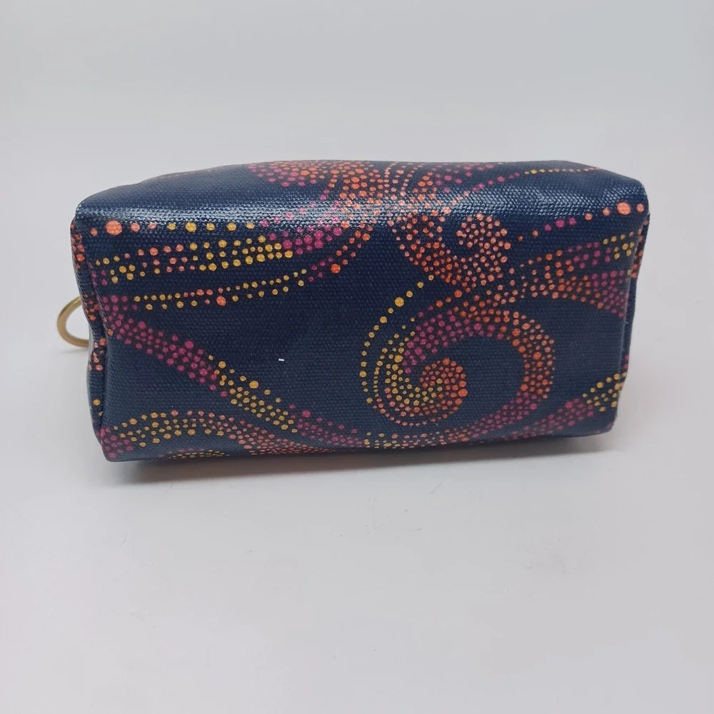 Fossil Blue Dot Swirl Coated Canvas Small Makeup Pouch Coin Bag Brass Ring Pull